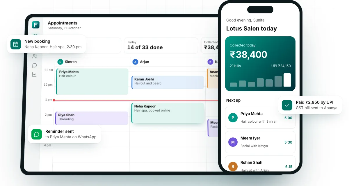 FtryOS on a tablet and a phone: the day's appointments for three stylists, money collected today, the next clients, and a WhatsApp reminder that went out.